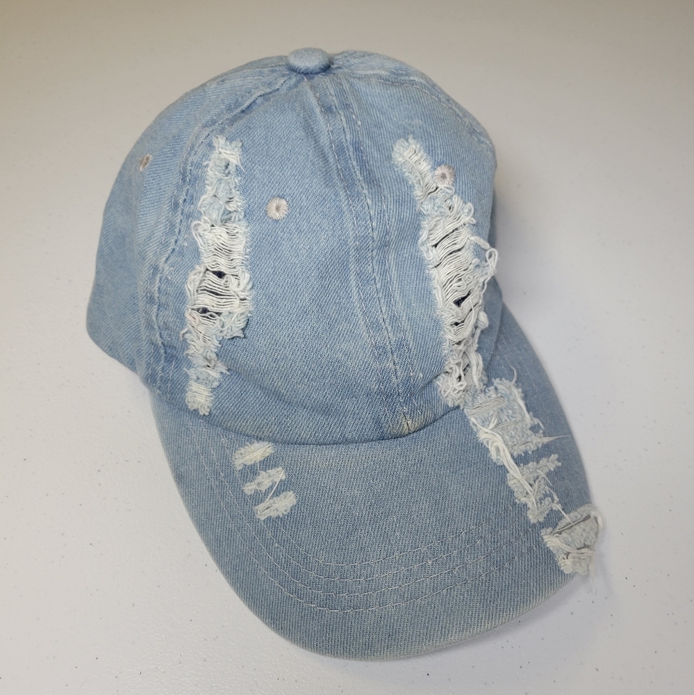 Light wash denim distressed hat